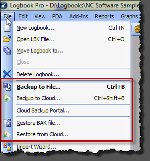 Cloud Backup Menu Options