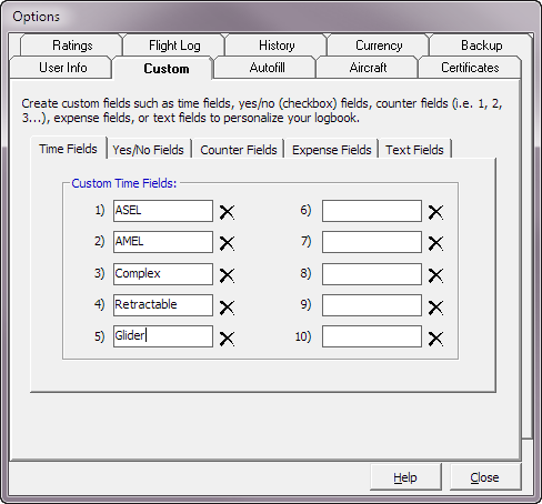 Logbook Pro Options/Custom Columns Dialog